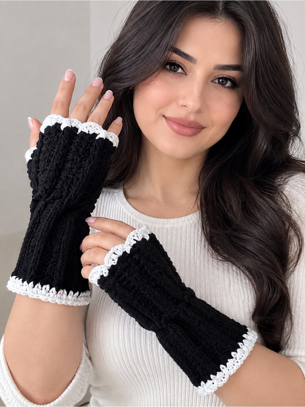 Black Crochet Trim Fingerless Gloves for Women